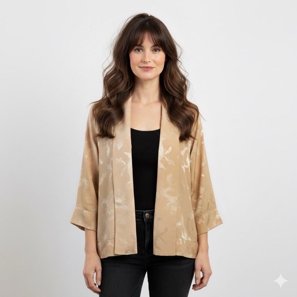 Vintage Warm Beige Silky Brocade Open Kimono Robe Jacket - Small